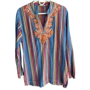Soft Surroundings Colorful Embroidered V-Neck Bohemian Tunic Top Size Medium